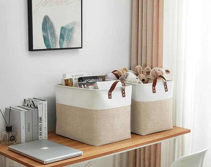 DECOMOMO Extra Large Storage Baskets, Fabric Storage Bins with Handles for Organizing Shelves, Toys, Nursery, Laundry (Beige & White, 3pcs)