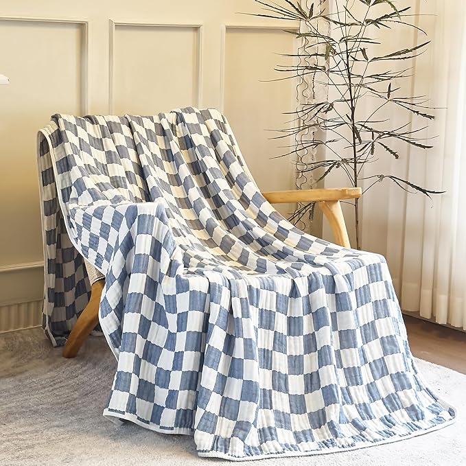 6-Layer Gauze Muslin Blanket 100% Cotton Blue Checkerboard King Size 90"x104" Cooling Throw Blanket Lightweight Soft and Breathable Cozy Blanket Bed Coverlet Both Sides (Blue Checkerboard, King)