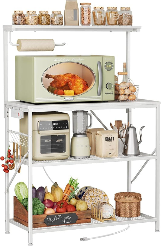 Huuger 4-Tier Bakers Rack with Reversible Power Outlet, 31.5 Inch Microwave Stand with Paper Towel Holder, Kitchen Bar, Larger Storage with Top Shelf, 6 S Hooks, White