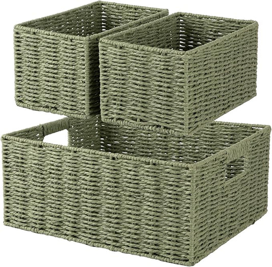 OIAHOMY Wicker Baskets for Organizing, Large and Small Shelf Baskets Set, Handwoven Bins for Storage,Paper Rope Home Organizers, Set of 3-Green