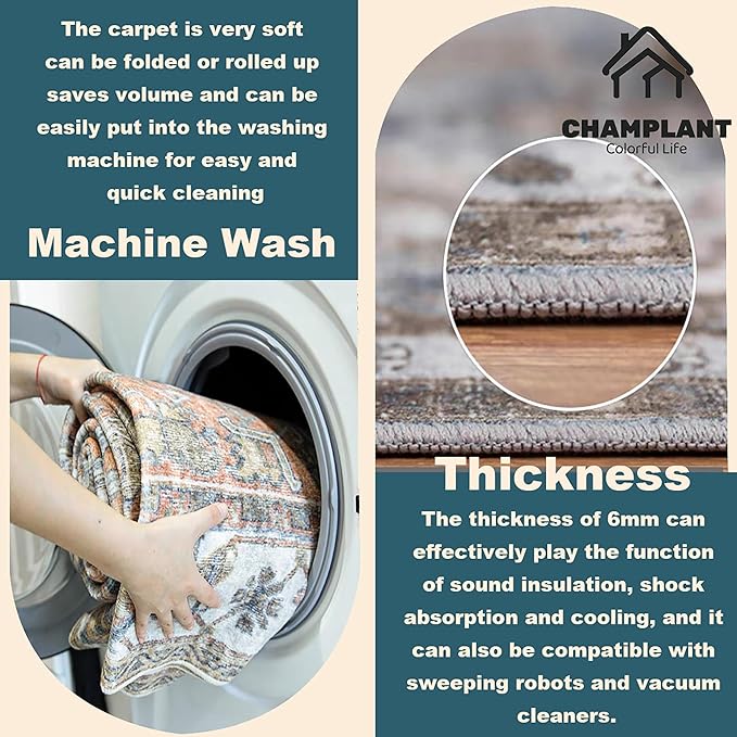 Washable Area Rug 10'x14' Blue Khaki Retro Flowers Boho Design Non-Shedding Easy Care Ideal for High Traffic Areas in Living Room Bedroom Office Coffee Table Kitchen Large Carpet