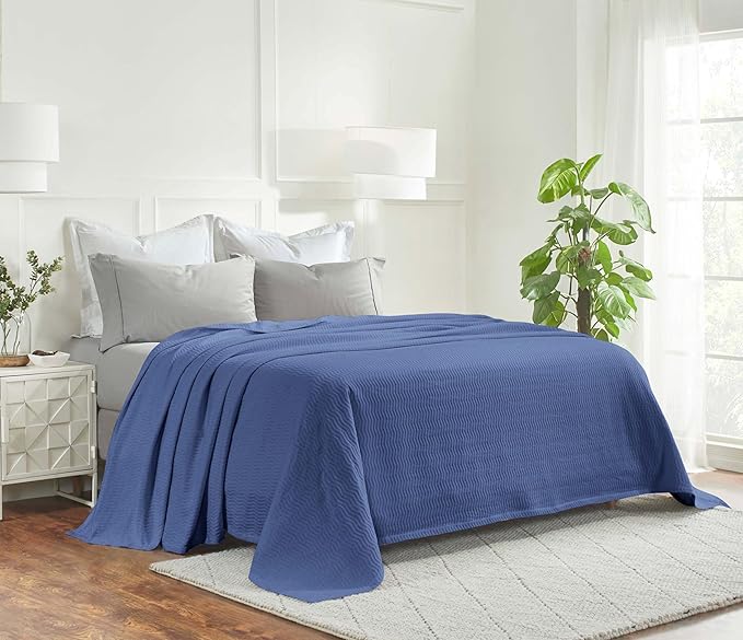 Superior JENA Cotton Blanket Picnic, Beach, Traveling or Camping, Bedroom, Essentials, Cover for Bed, Couch, Lounging, Textured Jacquard, Modern Chevron Woven Blanket, California King, Merritt Blue