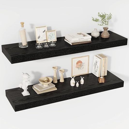 40 Inch Floating Shelves, 12" Deep Floating Shelf Wall Mounted, 40" Wall Shelves, Rustic Deep Bookshelf, Extra Deeper & Thicker Display Shelves for Bedroom, Living Room, Black, Set of 2