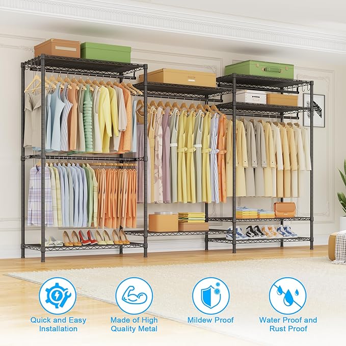 Ulif E13 Max Heavy Duty Clothes Rack（With 4 Hanger Rods & 8 Shelves） Freestanding Clothing Racks for Hanging Clothes，Adjustable Closet，Metal Garment Rack 86" W x16 D x77 H，Max Load 1100LBS，Black