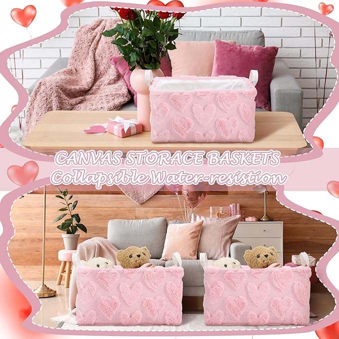Kathfly Pink Heart Storage Baskets Valentine's Day Plush Faux Fur Jacquard Design Laundry Basket with Handles Waterproof Storage Bins Fabric Shelf Baskets for Organizing