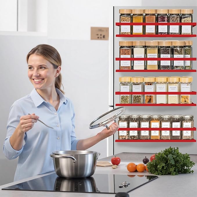 Magnetic Spice Rack Organizer for Fridge Seasoning Organizer for Kitchen Storage With Screw Magnetic Shelf for Oven, RV,Garage,Bathroom (Red-1, 4pack)