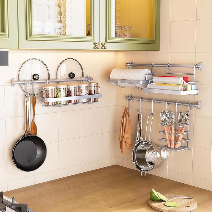 Kitchen Utensil Hanger & Spice Rack with Towel Holder,Space-Saving Wall Mount Kitchen Storage for Pantry,Countertop,Bathroom