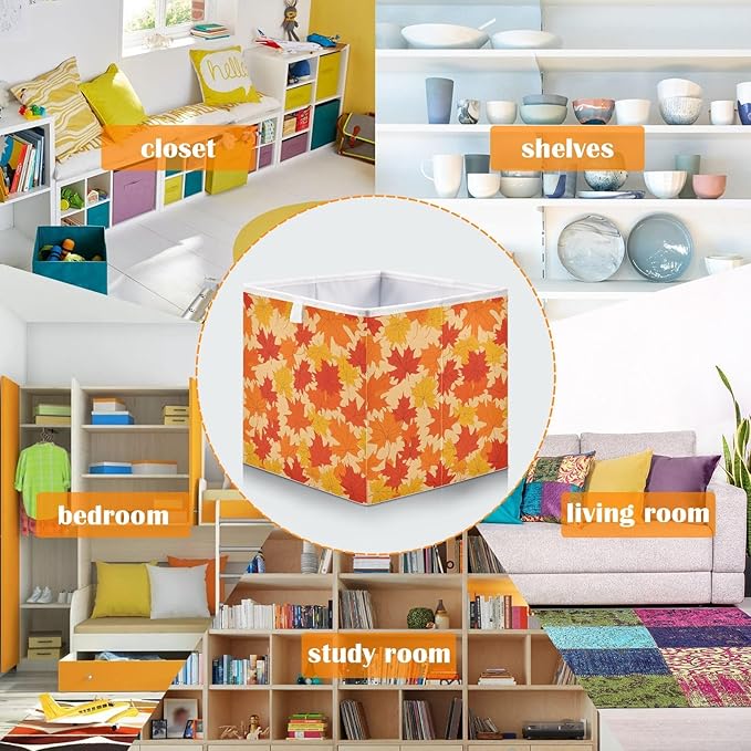 Bolaz Autumn Maple Leaves Pattern Closet Organizers Storage Cubes Storage Bins Shelf Baskets Containers for Home Room Office,Square