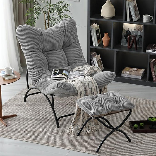 Welnow Modern Accent Chair with Ottoman, Upholstered Comfy Lounge Recliner Sofa, Thick Cushion Oversized Lazy Reading Chair with Footrest for Living Room, Bedroom, Apartment, Office, Dorm, Light Grey