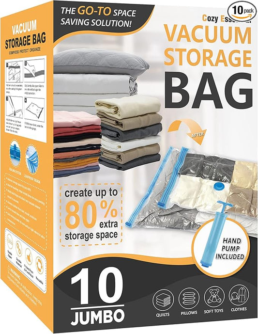 Cozy Essential Vacuum Storage Bags, Compression Space Saver Bags for Clothes, Comforters, Blankets, Pillow, Bedding, Sealer Clothing Storage,10 Jumbo