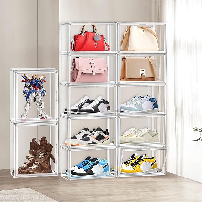 12 Pack Clear Shoes Box Shoe Storage Organizer for Closet Stackable Acrylic Handbag Display Case Shoe Organizer for Entryway