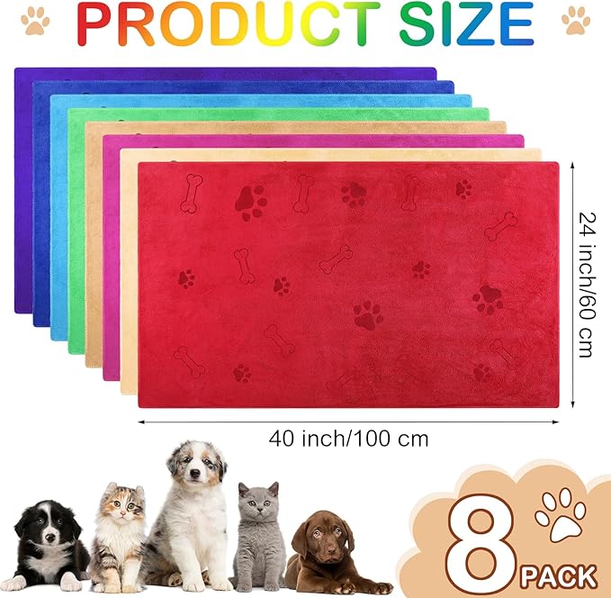 8 Pcs Dog Towels for Drying Dogs Cats Pet Towels Bulk Puppy Microfiber Quick Drying Paw Bath Bathing Supplies Absorbent for Medium Pets(Bright Color,40 x 24 Inch)