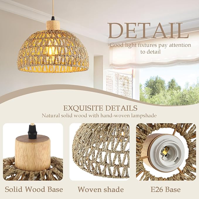 Hand-Woven Pendant Light, 11.8" Dome Rattan Pendant Lighting Fixture Wicker Ceiling Farmhouse Basket Hanging Lamp Boho Coast Chandelier for Kitchen Island Dining Room Sink Hallway Entrance