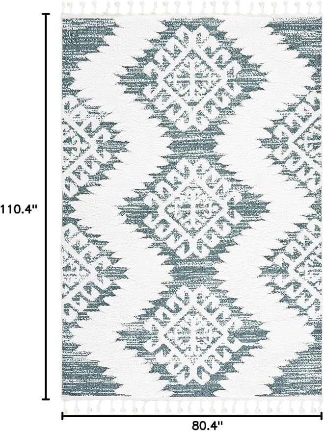 SAFAVIEH Moroccan Tassel Shag Collection Area Rug - 6'7" x 9'2", Green & Ivory, Boho Design, Non-Shedding & Easy Care, 2-inch Thick Ideal for High Traffic Areas in Living Room, Bedroom (MTS652Y)