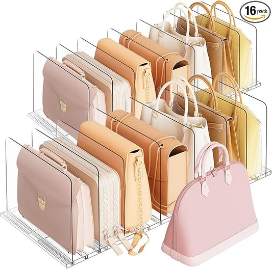 Criusia Adjustable Closet Purse Organizer Rack – 28.8" Extra-Long Shelf Divider with 12 Base Panels & 16 Dividers – Non-Slip Handbag Holder for Bags, Clothes, Kitchen, Office