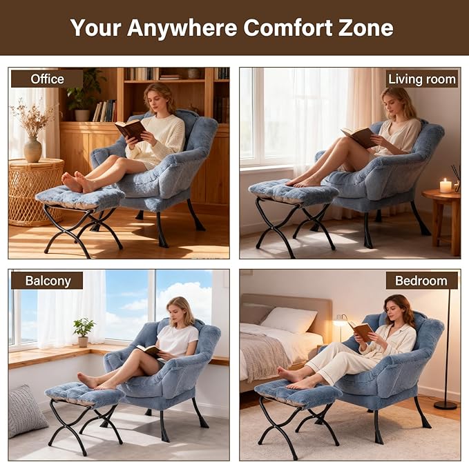 Welnow Lazy Chair with Ottoman, Modern Lounge Accent Chair with Armrests and a Side Pocket, Leisure Sofa Armchair Set, Reading Armchair with Footrest for Small Space, Plush Light Blue