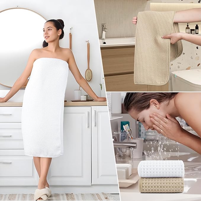 430 GSM Microfiber Quick Dry Lint Free Oversize Bath Towel Set, 6 Piece (Waffle Weave)