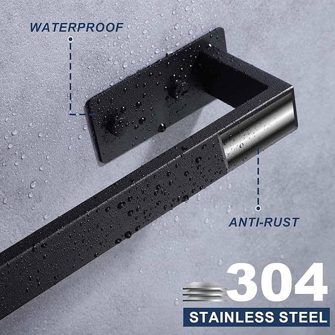 LANC Matte Black 24-Inch Bath Towel Rack Self-Adhesive Bathroom Towel Bar for Wall Mounted and Drill Free Towel Rod, Sticky on Kitchen Bathroom Towel Holder Stainless Steel, A8310MB-L6