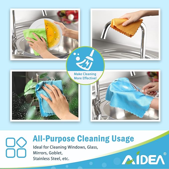 AIDEA Microfiber Cleaning Cloths, 8PK-Multi-Purpose Cleaning Cloth, Microfiber Polishing Cleaning Cloth, Window Cleaning Cloth, Lint Free Streak-Free Glass Cleaning Cloths-12“x12”