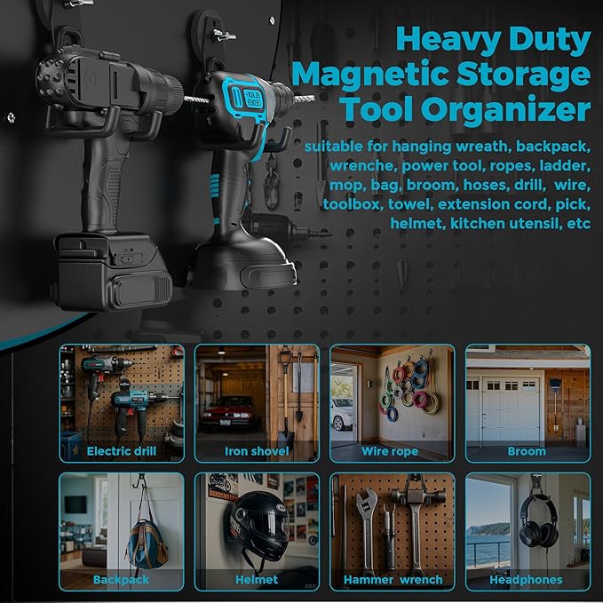 6 Pcs Large Strong Magnetic Hooks Heavy Duty Garage Big Magnet Hooks Extra Strength Magnetic Utility Storage Hook Hanger with Anti Slip Coating for Garden Indoor Outdoor Hanging Tools Black