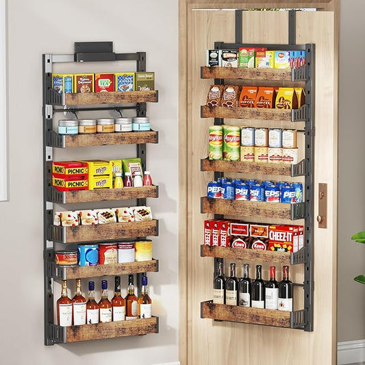 6-Tier Over The Door Pantry Organizer, Heavy-Duty Metal Wall Mount or Hanging Spice Rack, behind the door storage Shelves with Adjustable Basket, Back of Door Organizer for Kitchen Cabinet and Closet