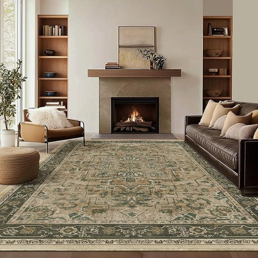 7x10 Living Room Rug, Vintafe Distressed Medallion Area Rug for Bedroom Dining Room, Washable Non Slip Thin Carpet Rugs for Bedroom Under Bed Home Office, Multi Brown/Olive