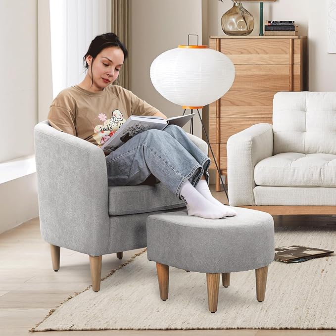 Athena Collection Modern Barrel Accent Chair with Ottoman, Furry Cozy Reading Arm Chair for Adults, Comfy Uphosltered Sofa Armchair with Footrest for Living Room, Bedroom, Small Space, Grey