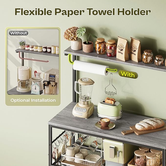 Huuger 4-Tier Bakers Rack with Reversible Power Outlet, 31.5 Inch Microwave Stand with Paper Towel Holder, Kitchen Bar, Larger Storage with Top Shelf, 6 S Hooks, Grey