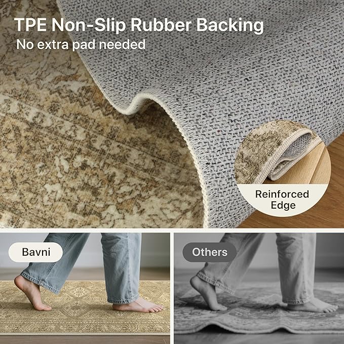 Bavni 3x5 Area Rug Washable Rug for Living Room Bedroom, Vintage Print Carpet, Low Pile Lightweight Mat with Non Slip Backing, Light Brown