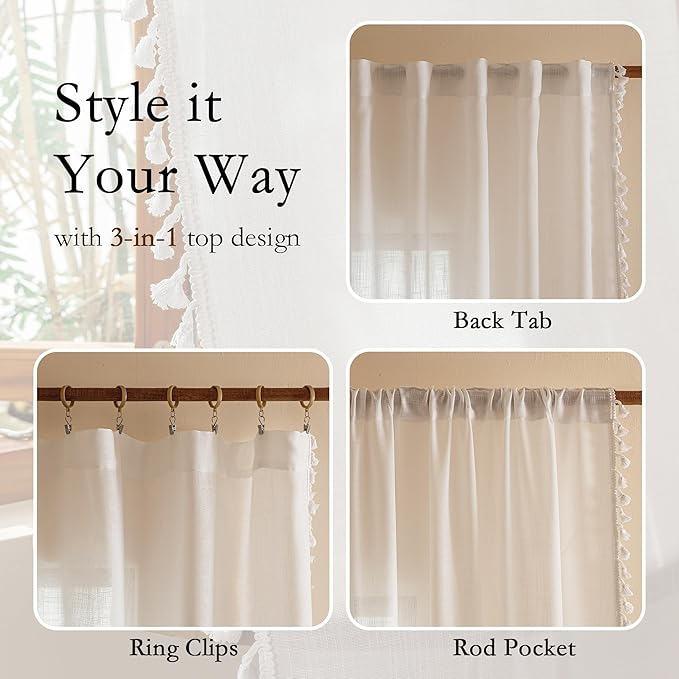 MYSKY HOME White 63 inch Length Semi Sheer Curtain for Short Window Light Filtering Privacy Protect Drapes Set, Back Tab Bohemian Farmhouse Home Decor,50" x 63", Pure White， 2 Pieces