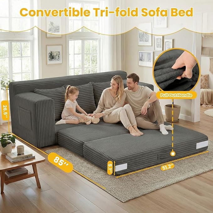 Boneless Couch Sleeper Sofa Bed: 3-in-1 Convertible Sofa Bed with Side Pockets & Handle,Pull Out Couch with 3 Pillows,Folding Futon for Small Space,Living Room & Bedroom