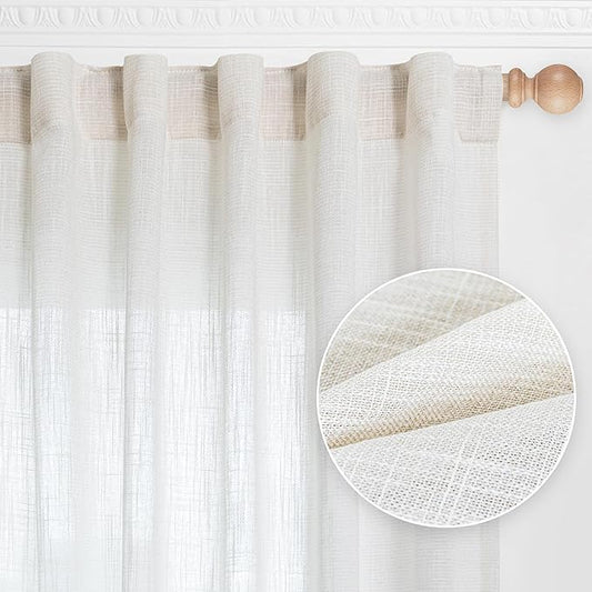 MYSKY HOME Extra Long Curtains for Living Room, Soft Cotton Fabric Boho Window Curtain Drapes Light Filtering Semi Sheer Backdrop Panels, Beige White, 50 x 102 Inches, 2 Pieces