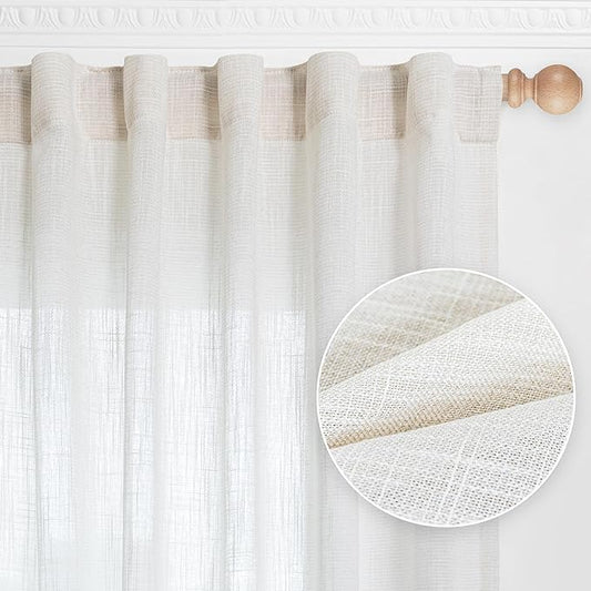 MYSKY HOME Curtains 63 Inch Length 2 Panels, Boho Curtains Sheer Light Soften for Bedroom Kitchen Farmhouse Style Country Rustic Drapes Window Treatment Set, Beige White, 50" x 63"