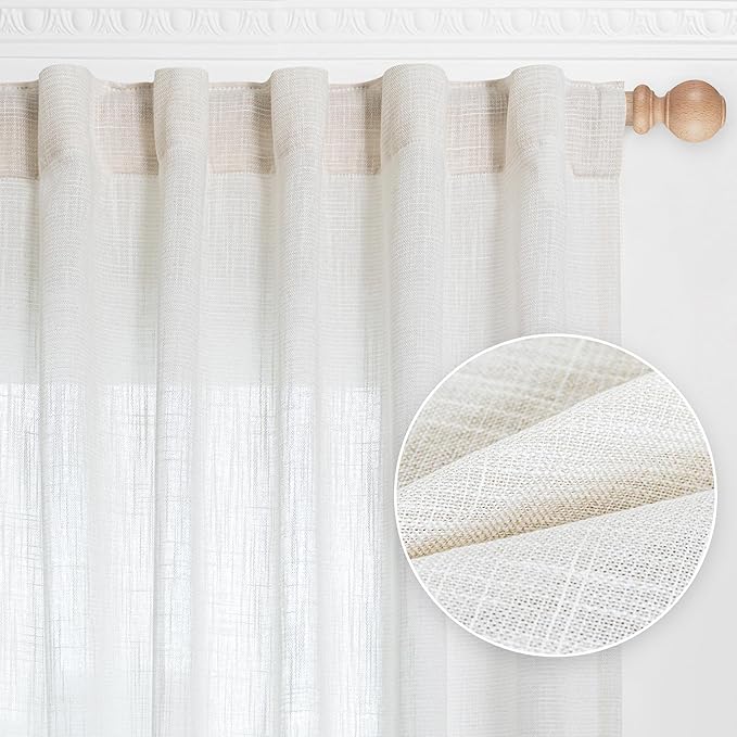 MYSKY HOME 90 Inch Curtains for Sliding Glass Door Windows, Living Room Decoration Natural Drapes Soft Comfortable Touch Farmhouse Country Patio Treatment Set, Beige White, 50" Width, 2 Panels
