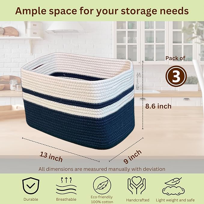 Cotton Rope Baskets for Organizing and Storage, Woven Decorative Baskets for Shelves, Books, Closets. Storage Bins for Living Room, Bedroom | Pack of 3 | Blue