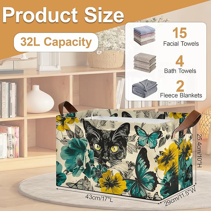 32L Large Storage Bins with Handles, Basket Organizer for Shelves, Closet, Books, Laundry & Home Decor (Flower Black cat)