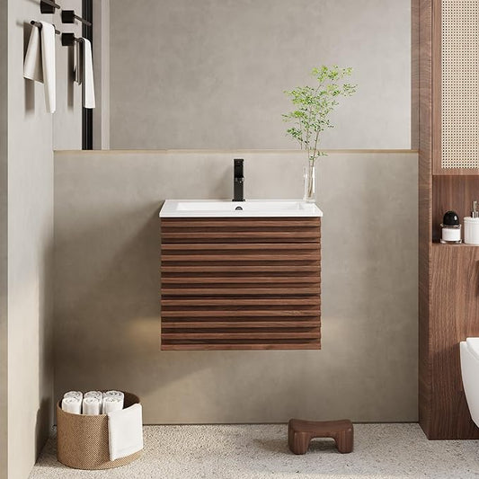 eclife 24" Floating Bathroom Vanity with Sink Combo Mid-Century Wall Mounted Cabinet with Wood Stripes Decor, Drawers, Undermount Sink, Faucet, Drain, Cocoa Brown
