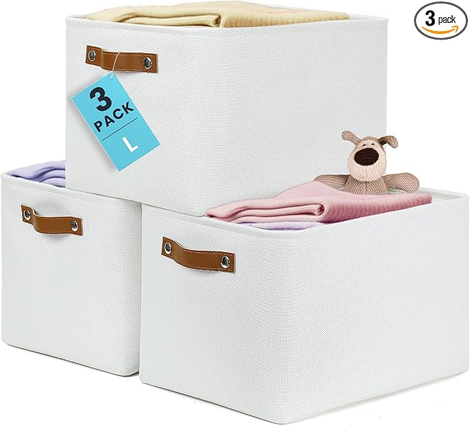 OrganiHaus Large Fabric Storage Baskets for Shelves 3 Pack, 15x11in Closet Storage Bins for Shelves, Canvas Baskets for Organizing, Linen Closet Organizers, Cloth Basket, Off-White