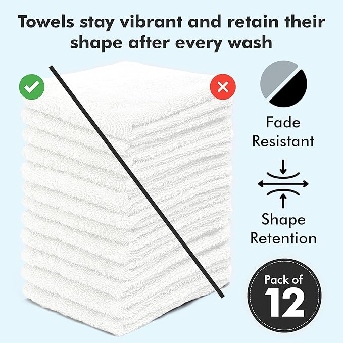 Face Towels Pack of 12 – 100% Cotton Wash Cloths (12x12 inch) – Soft, Quick Dry & Highly Absorbent Hand Towels for Bathroom, Spa, Gym, Kitchen and for Daily Use - (White)