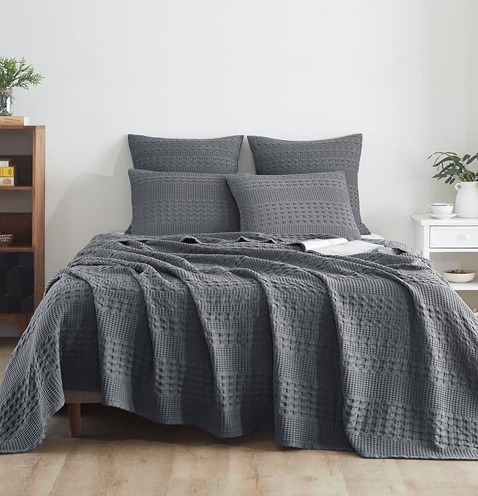 VHC Brands 100% Cotton Waffle Weave King Blanket 108"x90", Decorative Lightweight Spring and Summer Throw Blanket, Bedroom Decor for Bed, Couch, or Sofa, Dark Grey