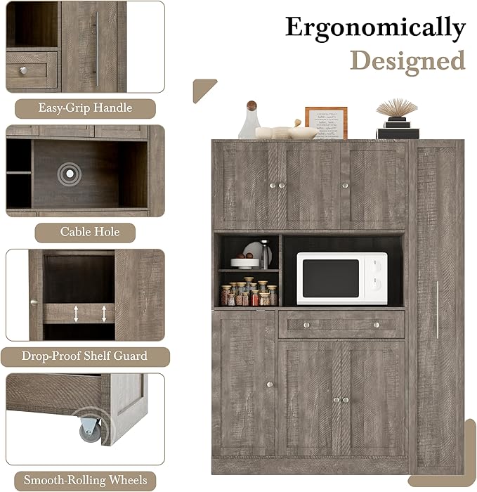 Large Kitchen Pantry Cabinet 52.8Wx17.7Dx70H inch, Freestanding Buffet with Hutch,Storage Cabinets Cupboard w/Pull-Out Side-Cabinet+ Door Shelves and Drawer, Brown