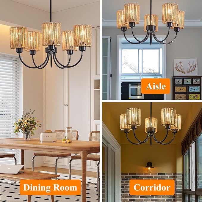 22” Black Farmhouse Chandelier - 5 Light Rattan Pendant Light for Kitchen Island & Dining Room - Adjustable Height E26