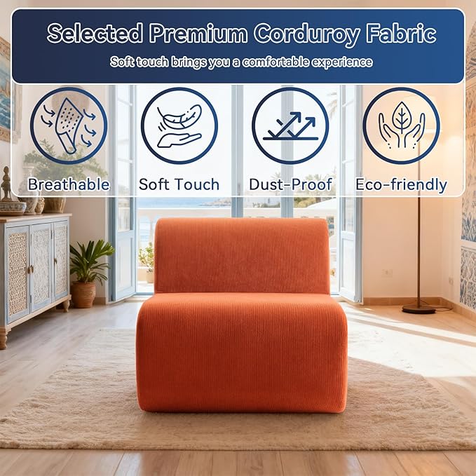 Boneless Sofa 26'' Single Sofa 1 Seater Cloud Floor Couch Corduroy, No Assembly Needed Modern Compression Armless Couch in A Box Erogonomic for Living Room,Bedroom,Office, Orange