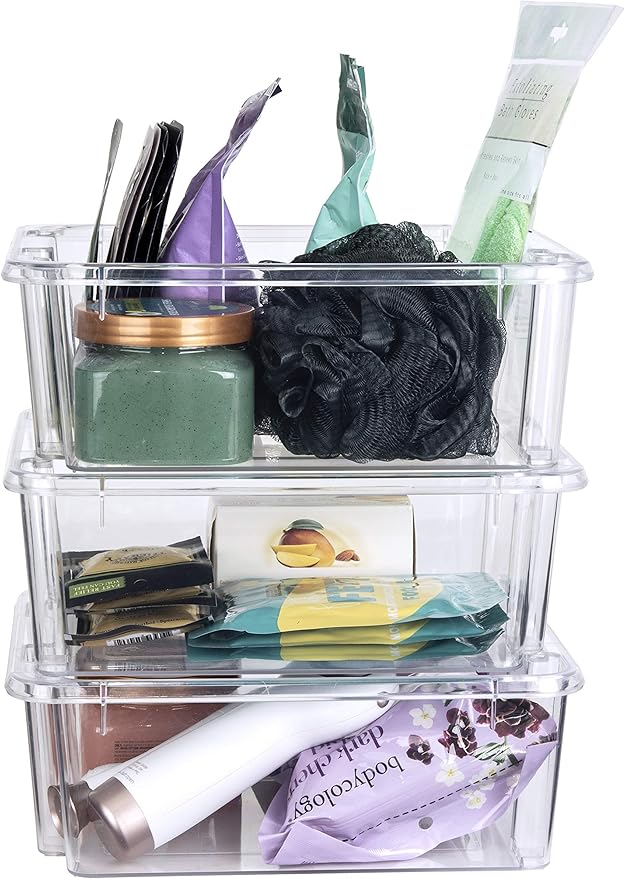 Best Kept Clear Plastic Storage Bins, Stackable Open Square Organizers for Home, Vanity, Cosmetics & Makeup Display, 3-Pack (No Lids)