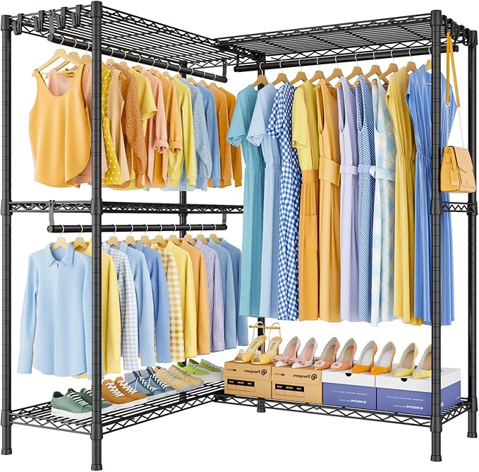 E15 Plus Garment Rack L Shaped Clothes Rack for Corner，Freestanding Clothing Racks for Hanging Clothes，Heavy Duty Closet System with 4 Hanging Rods & 8 S Hooks，48.5" W x 35" D x 78.4" H，Black
