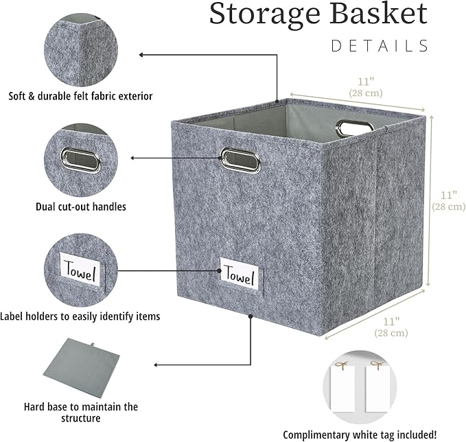 DECOMOMO Felt Storage Bins, 11 inch Cube Storage Bin with Labels for Shelves Kallax (Cube 11" / 6pcs, Dark Grey)