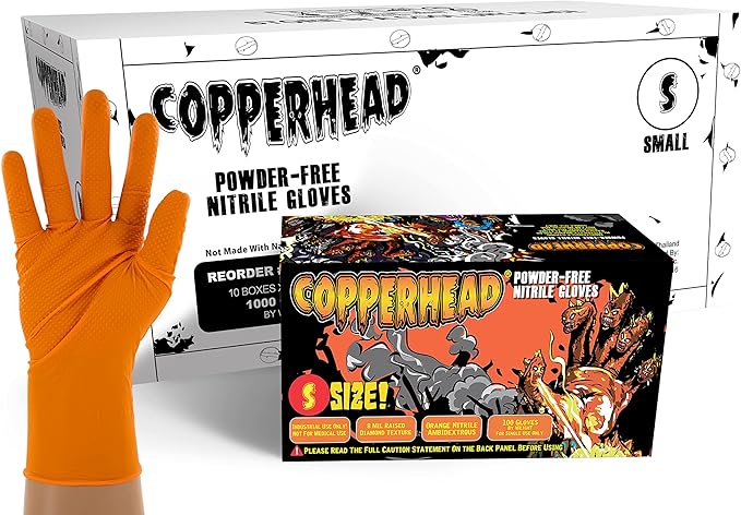Copperhead HD Orange Nitrile Disposable Gloves, 8 Mil, Latex and Powder Free, Industrial, Food Safe, Raised Diamond Texture