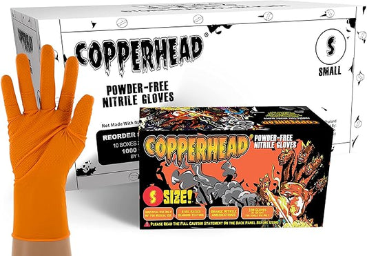 Copperhead HD Orange Nitrile Disposable Gloves, 8 Mil, Latex and Powder Free, Industrial, Food Safe, Raised Diamond Texture