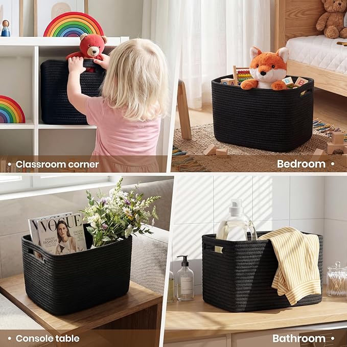 Storage Baskets for Organizing, 14 x 10 x 9” Closet Shelf Woven Baskets, Square Bins with Handles, Cotton Rope Basket for Toys, Clothes, Office, Room, Black 1pack