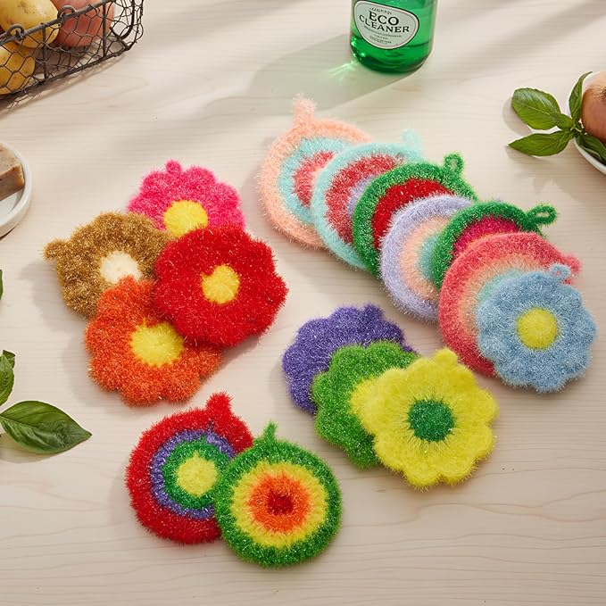 16 Pcs Dish Scrubber Non Scratch Dish Washing Scrubbers Reusable Household Cleaning Kitchen Tools for Dishwashing Washing Dishes Cookware Tubs Sinks (Flower)